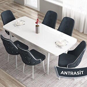 Tia Serisi Açılabilir 80x132 Beyaz Mdf Mutfak Masası Takımı Ve 6 Antrasit Sandalye Gümüş Detay Antrasit