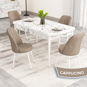 Nix Serisi Açılabilir 70x114 Beyaz Mermer Desen Mutfak Masası Takımı Ve 4 Cappucino Sandalye Cappucino