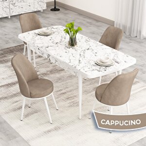 Nix Serisi Açılabilir 70x114 Beyaz Mermer Desen Mutfak Masası Takımı Ve 4 Cappucino Sandalye Cappucino