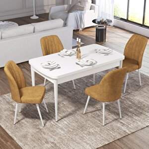 Ege Serisi 70x114 Açılabilir Beyaz Mermer Desen Mutfak Masa Takımı Ve 4 Cappucino Sandalye Cappucino
