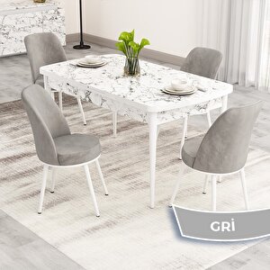 Nix Serisi Açılabilir 70x114 Beyaz Mermer Desen Mutfak Masası Takımı Ve 4 Gri Sandalye Gri