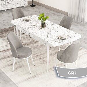 Nix Serisi Açılabilir 70x114 Beyaz Mermer Desen Mutfak Masası Takımı Ve 4 Gri Sandalye Gri