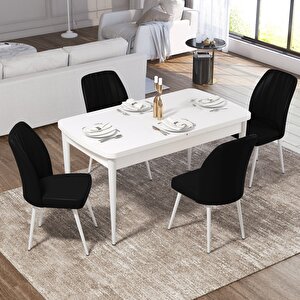 Ege Serisi 70x114 Açılabilir Beyaz Mermer Desen Mutfak Masa Takımı Ve 4 Siyah Sandalye Siyah