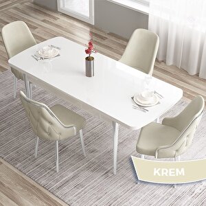 Tia Serisi Açılabilir 80x132 Beyaz Mdf Mutfak Masası Takımı Ve 4 Krem Sandalye Gümüş Detay