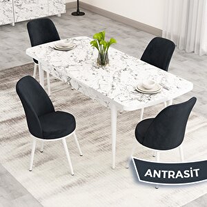 Nix Serisi Açılabilir 70x114 Beyaz Mermer Desen Mutfak Masası Takımı Ve 4 Antrasit Sandalye Antrasit