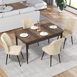 Ege Serisi 70x114 Açılabilir Barok Ahşap Desen Masa Takımı Ve 4 Krem Sandalye Krem