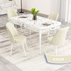 Nix Serisi Açılabilir 70x114 Beyaz Mermer Desen Mutfak Masası Takımı Ve 4 Krem Sandalye Krem