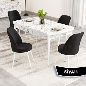 Nix Serisi Açılabilir 70x114 Beyaz Mermer Desen Mutfak Masası Takımı Ve 4 Siyah Sandalye Siyah