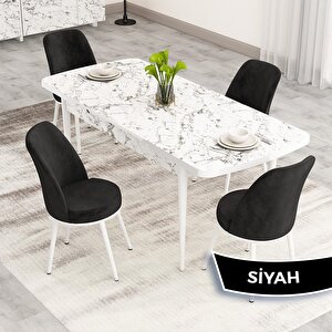 Nix Serisi Açılabilir 70x114 Beyaz Mermer Desen Mutfak Masası Takımı Ve 4 Siyah Sandalye Siyah