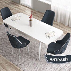 Tia Serisi Açılabilir 80x132 Beyaz Mdf Mutfak Masası Takımı Ve 4 Antrasit Sandalye Gümüş Detay Antrasit