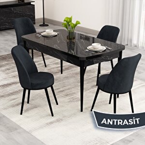 Nix Serisi Açılabilir 70x114 Siyah Mermer Desen Mutfak Masası Takımı Ve 4 Antrasit Sandalye Antrasit