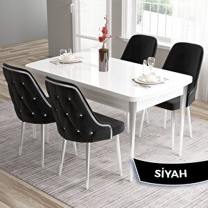 Tia Serisi Açılabilir 80x132 Beyaz Mdf Mutfak Masası Takımı Ve 4 Siyah Sandalye Gümüş Detay