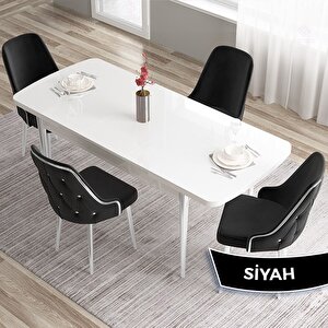 Tia Serisi Açılabilir 80x132 Beyaz Mdf Mutfak Masası Takımı Ve 4 Siyah Sandalye Gümüş Detay