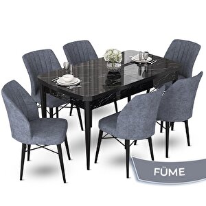 Fer Serisi 70x114 Açılabilir Siyah Mermer Desen Masa Takımı Ve 6 Füme Sandalye Füme