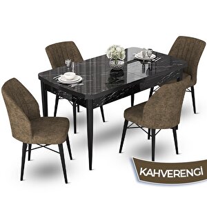 Fer Serisi 70x114 Açılabilir Siyah Mermer Desen Masa Takımı Ve 4 Kahverengi Sandalye Kahverengi