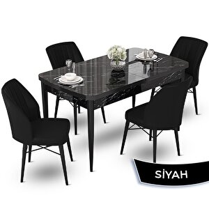 Fer Serisi 70x114 Açılabilir Siyah Mermer Desen Masa Takımı Ve 4 Siyah Sandalye Siyah