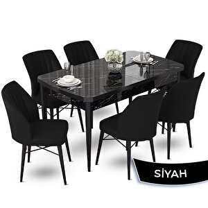 Fer Serisi 70x114 Açılabilir Siyah Mermer Desen Masa Takımı Ve 6 Siyah Sandalye Siyah