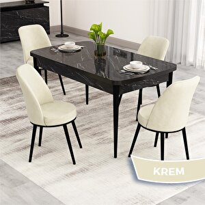 Nix Serisi Açılabilir 70x114 Siyah Mermer Desen Mutfak Masası Takımı Ve 4 Krem Sandalye Krem
