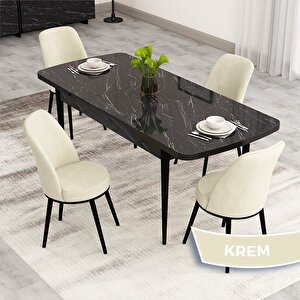 Nix Serisi Açılabilir 70x114 Siyah Mermer Desen Mutfak Masası Takımı Ve 4 Krem Sandalye Krem