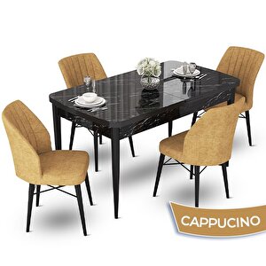 Fer Serisi 70x114 Açılabilir Siyah Mermer Desen Masa Takımı Ve 4 Cappucino Sandalye Cappucino