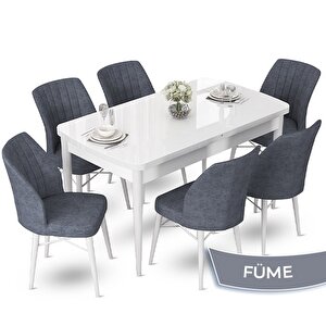 Fer Serisi 70x114 Açılabilir Beyaz Masa Takımı Ve 6 Füme Sandalye Füme