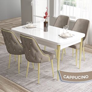 Tia Serisi Açılabilir 80x132 Beyaz Mdf Mutfak Masası Takımı Ve 4 Cappucino Sandalye Gold Detay Cappucino