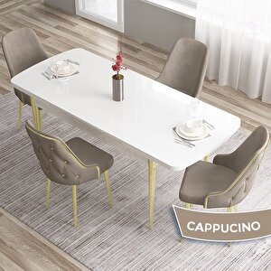 Tia Serisi Açılabilir 80x132 Beyaz Mdf Mutfak Masası Takımı Ve 4 Cappucino Sandalye Gold Detay Cappucino