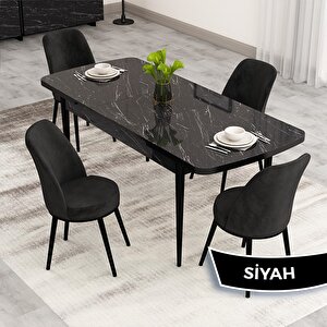 Nix Serisi Açılabilir 70x114 Siyah Mermer Desen Mutfak Masası Takımı Ve 4 Siyah Sandalye Siyah