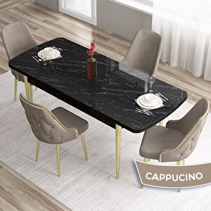 Tia Serisi Açılabilir 80x132 Siyah Mermer Desen Mdf Mutfak Masası Takımı Ve 4 Cappucino Sandalye Gold Detay Cappucino