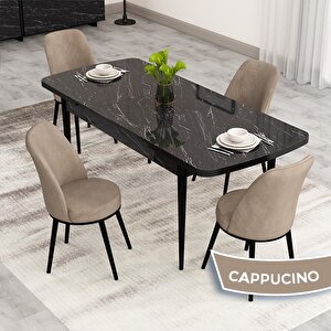 Nix Serisi Açılabilir 70x114 Siyah Mermer Desen Mutfak Masası Takımı Ve 4 Cappucino Sandalye Cappucino