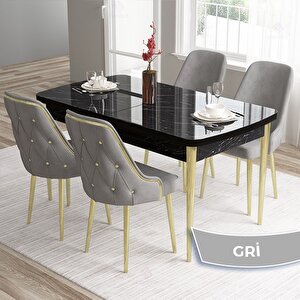 Tia Serisi Açılabilir 80x132 Siyah Mermer Desen Mdf Mutfak Masası Takımı Ve 4 Gri Sandalye Gold Detay Gri