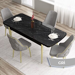 Tia Serisi Açılabilir 80x132 Siyah Mermer Desen Mdf Mutfak Masası Takımı Ve 4 Gri Sandalye Gold Detay Gri