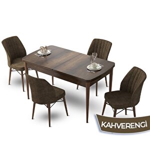 Fer Serisi 70x114 Açılabilir Barok Ahşap Desen Masa Takımı Ve 4 Kahverengi Sandalye Kahverengi