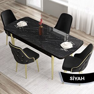 Tia Serisi Açılabilir 80x132 Siyah Mermer Desen Mdf Mutfak Masası Takımı Ve 4 Siyah Sandalye Gold Detay Siyah