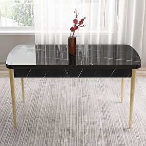 Tia Serisi Açılabilir 80x132 Siyah Mermer Desen Mdf Mutfak Masası Takımı Ve 4 Siyah Sandalye Gold Detay Siyah