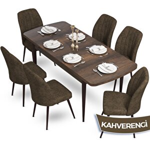 Sun Serisi 70x114 Açılabilir Barok Ahşap Desen Masa Takımı Ve 6 Kahverengi Sandalye Kahverengi