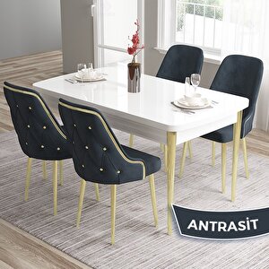 Tia Serisi Açılabilir 80x132 Beyaz Mdf Mutfak Masası Takımı Ve 4 Antrasit Sandalye Gold Detay Antrasit