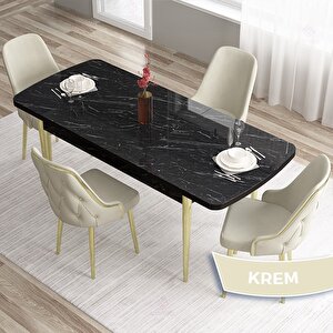 Tia Serisi Açılabilir 80x132 Siyah Mermer Desen Mdf Mutfak Masası Takımı Ve 4 Krem Sandalye Gold Detay Krem