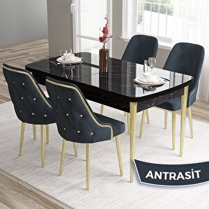 Tia Serisi Açılabilir 80x132 Siyah Mermer Desen Mdf Mutfak Masası Takımı Ve 4 Antrasit Sandalye Gold Detay Antrasit