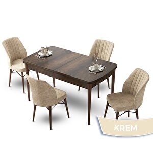 Fer Serisi 70x114 Açılabilir Barok Ahşap Desen Masa Takımı Ve 4 Krem Sandalye Krem