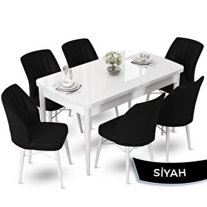Fer Serisi 70x114 Açılabilir Beyaz Masa Takımı Ve 6 Siyah Sandalye Siyah