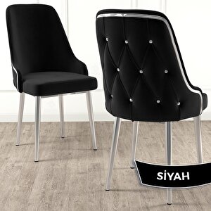 Tia Serisi Açılabilir 80x132 Siyah Mermer Desen Mdf Mutfak Masası Takımı Ve 6 Siyah Sandalye Gümüş Detay