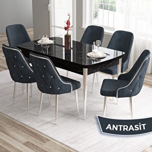 Tia Serisi Açılabilir 80x132 Siyah Mermer Desen Mdf Mutfak Masası Takımı Ve 6 Antrasit Sandalye Gümüş Detay Antrasit