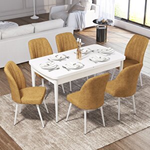 Ege Serisi 70x114 Açılabilir Beyaz Mermer Desen Mutfak Masa Takımı Ve 6 Cappucino Sandalye Cappucino
