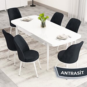Nix Serisi Açılabilir 70x114 Beyaz Mutfak Masası Takımı Ve 6 Antrasit Sandalye Antrasit
