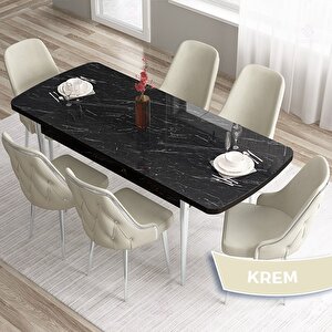 Tia Serisi Açılabilir 80x132 Siyah Mermer Desen Mdf Mutfak Masası Takımı Ve 6 Krem Sandalye Gümüş Detay Krem
