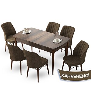 Fer Serisi 70x114 Açılabilir Barok Ahşap Desen Masa Takımı Ve 6 Kahverengi Sandalye Kahverengi
