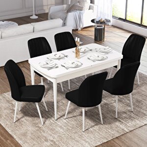 Ege Serisi 70x114 Açılabilir Beyaz Mermer Desen Mutfak Masa Takımı Ve 6 Siyah Sandalye Siyah