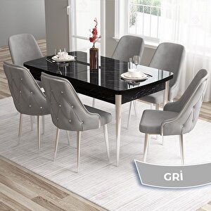 Tia Serisi Açılabilir 80x132 Siyah Mermer Desen Mdf Mutfak Masası Takımı Ve 6 Gri Sandalye Gümüş Detay Gri