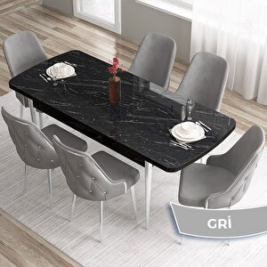 Tia Serisi Açılabilir 80x132 Siyah Mermer Desen Mdf Mutfak Masası Takımı Ve 6 Gri Sandalye Gümüş Detay Gri